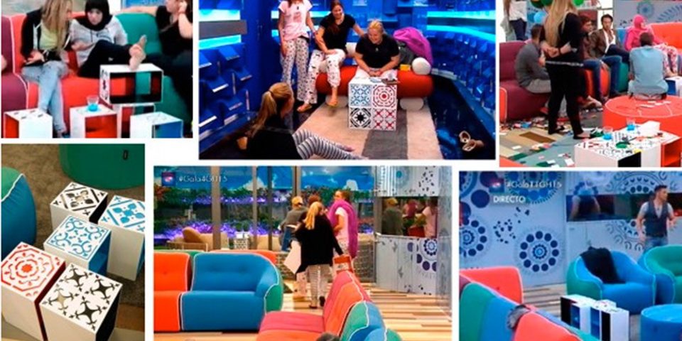 Varias escenas de Gran Hermano 15 donde se ven las mesas Lydra en la casa